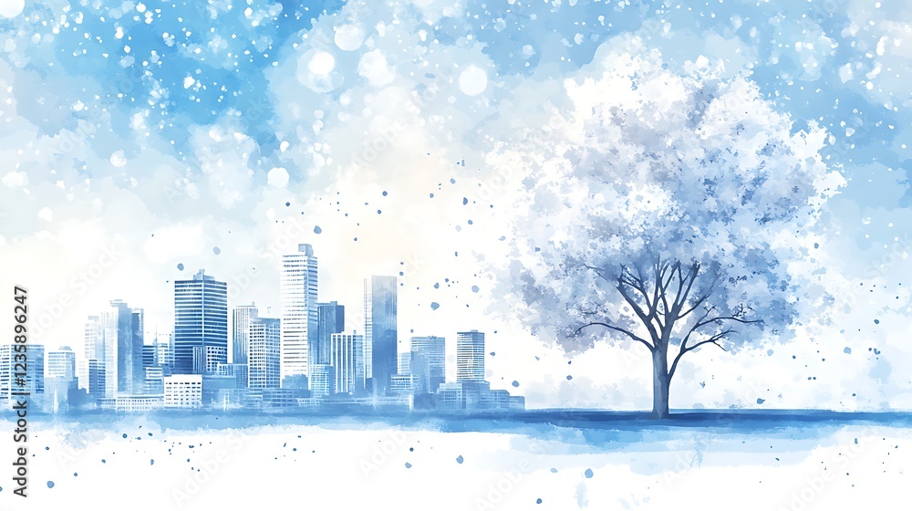 Fototapeta premium Snowy city skyline with tree, winter scene, tranquil view, background use