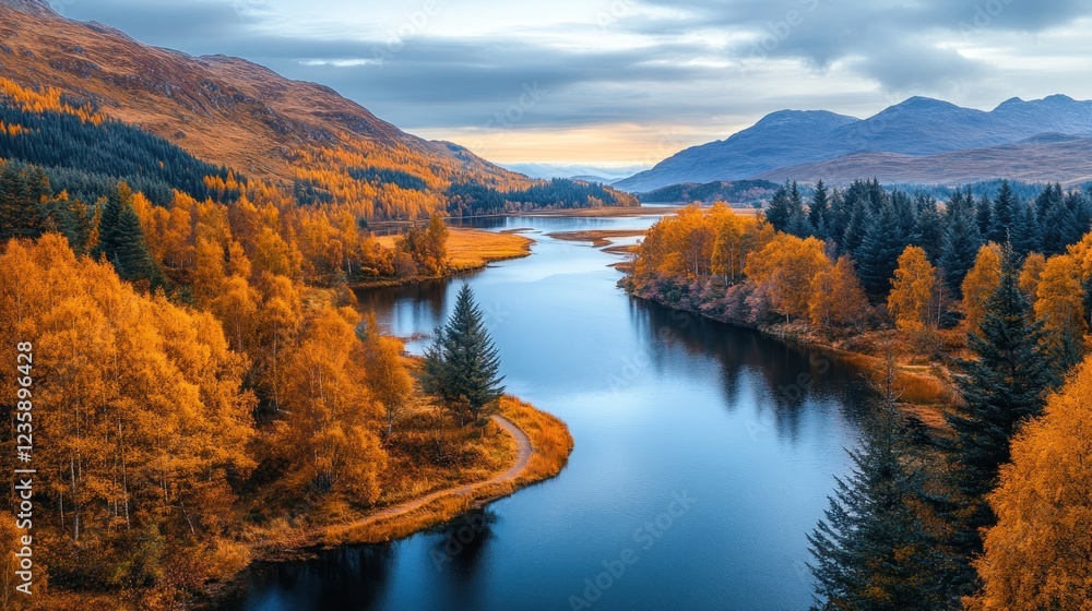 Naklejka premium A serene autumn landscape with a winding river, colorful trees, and distant mountains.