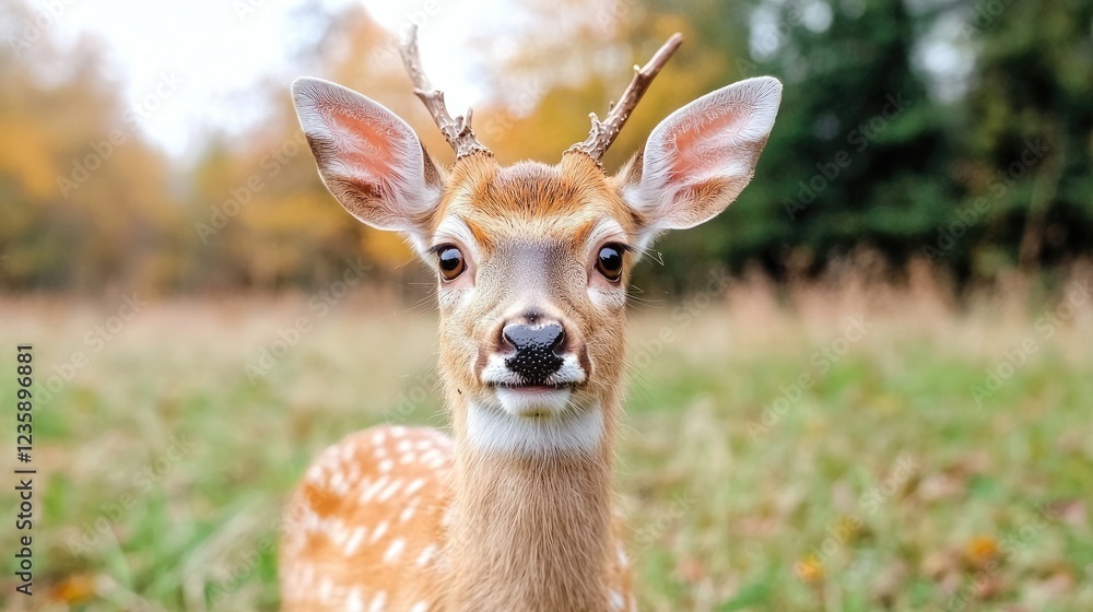 Fototapeta premium Young deer portrait, autumn field, forest background, wildlife photography