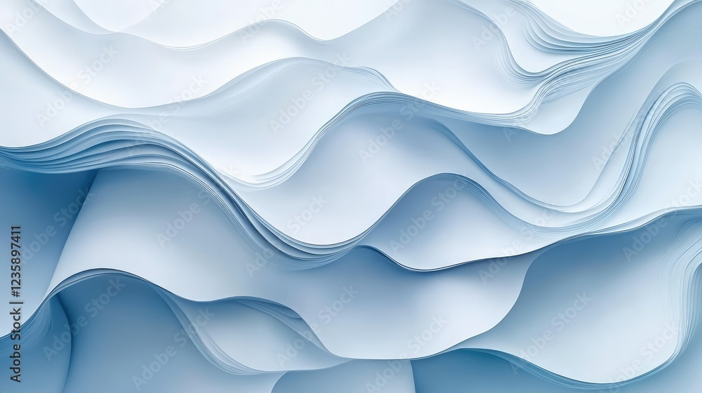 Obraz premium Abstract wavy blue and white paper texture showcasing soft folds and layers creating a serene and modern background suitable for various design projects