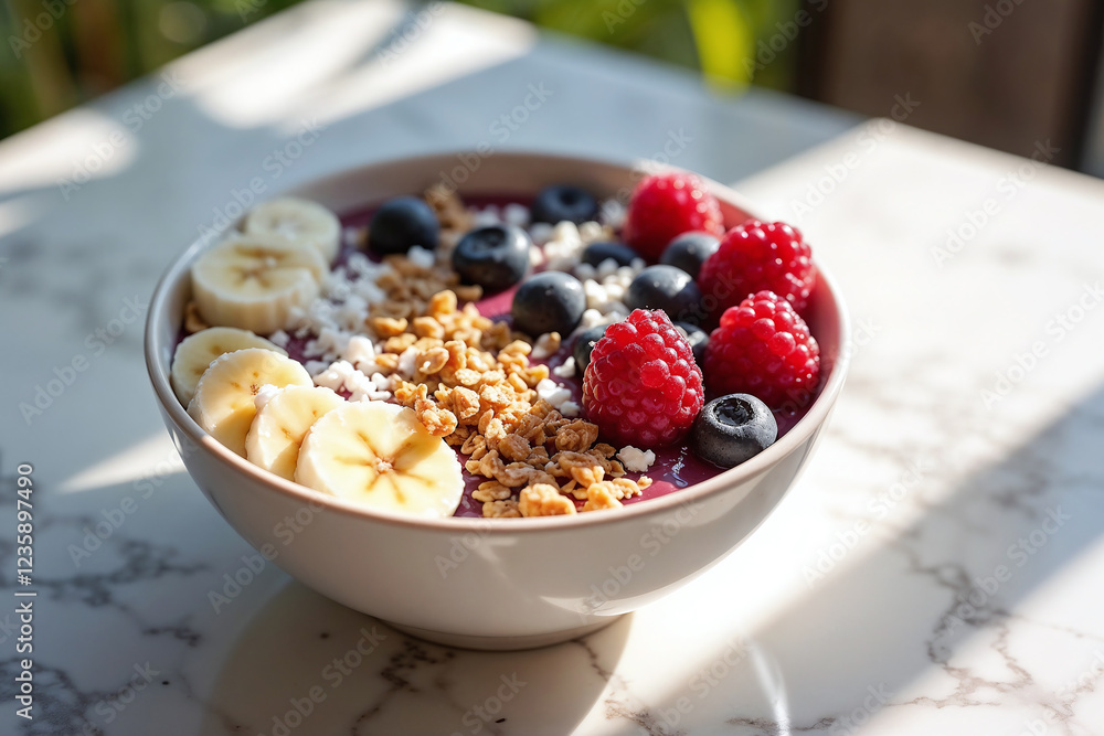 Vibrant Healthy Smoothie Bowl with Fresh Fruits on Marble Surface Vibrant Healthy Smoothie Bowl with Fresh Fruits on Marble Surface