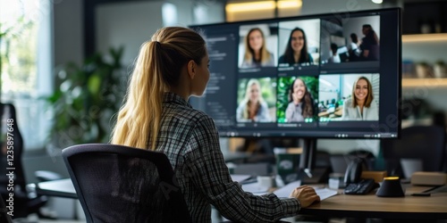 A female project manager coordinating a remote work meeting, video call displayed on a large screen, hybrid work collaboration setup