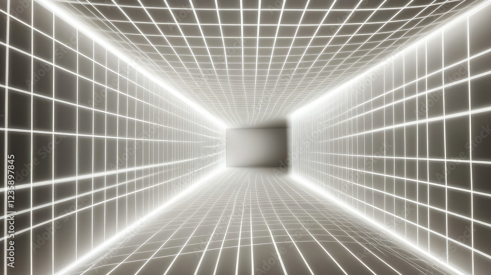 Fototapeta premium Futuristic Tunnel with Neon Lights and Grid Lines, Abstract Perspective of an Infinite Space, Modern Digital Background for Technology and Science Concepts