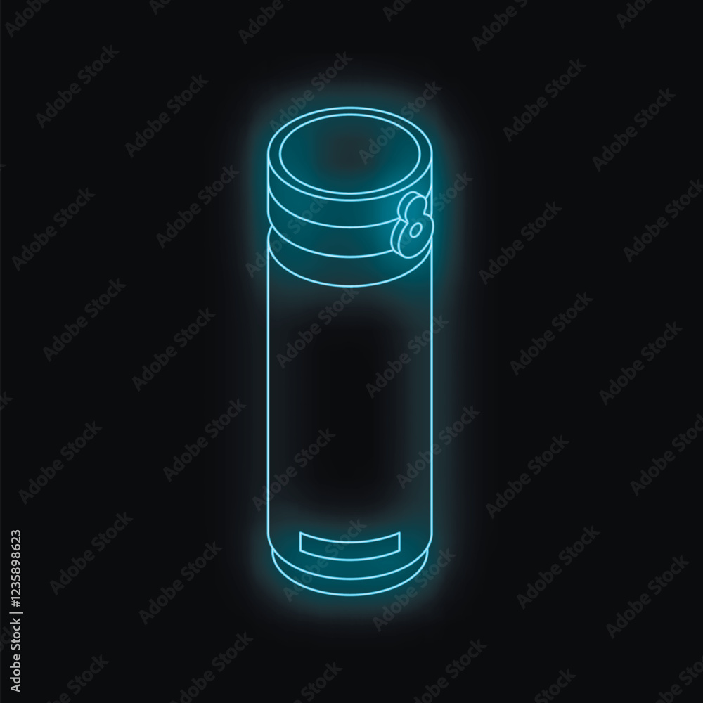 Neon blue isometric water bottle glowing on black background, representing hydration, health, and modern design Neon blue isometric water bottle glowing on black background, representing hydration, health, and modern design