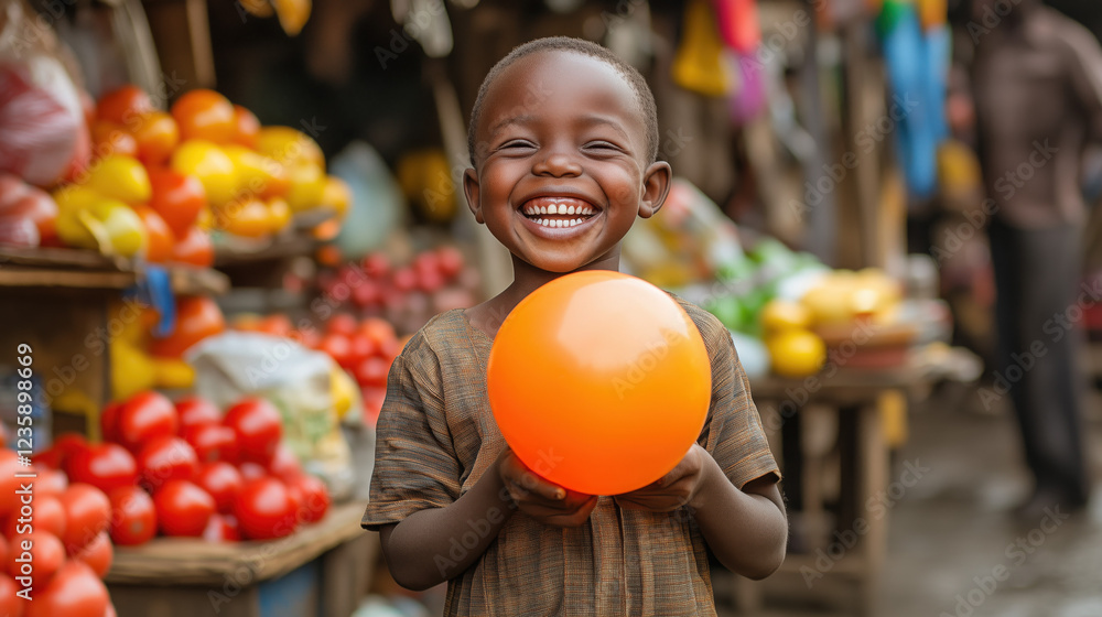 Fototapeta premium An African child holding a colorful balloon, laughing as they stand in front of a vibrant market stall.