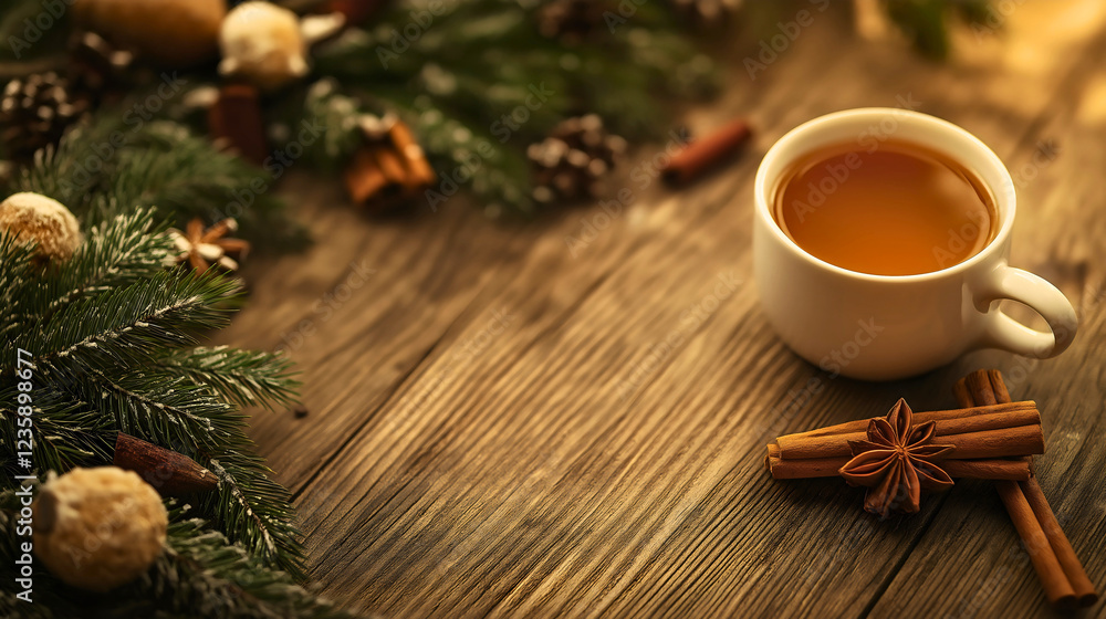 Cozy Winter Beverage with Cinnamon Sticks and Holiday Decor on Wooden Table Cozy Winter Beverage with Cinnamon Sticks and Holiday Decor on Wooden Table