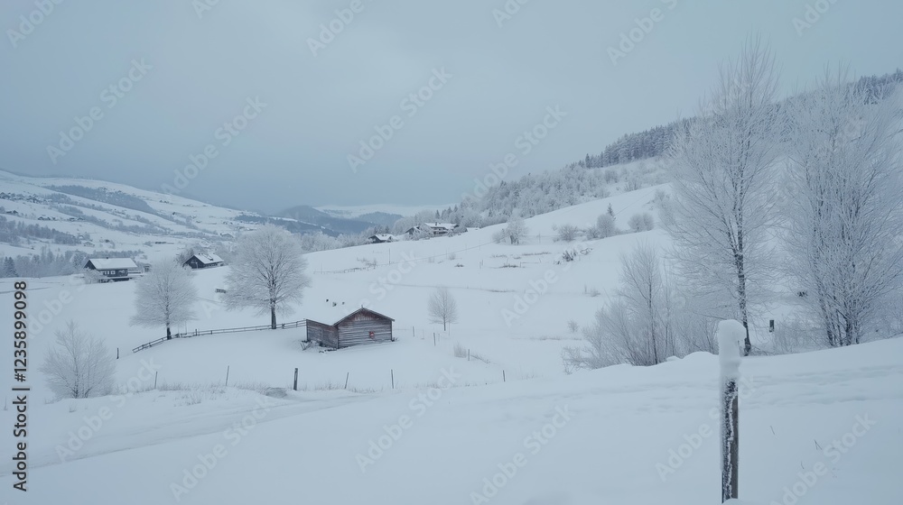Serene Winter Landscape Snow Covered Field, Rustic Cabin, Frosty Trees, Distant Mountains Serene Winter Landscape Snow Covered Field, Rustic Cabin, Frosty Trees, Distant Mountains