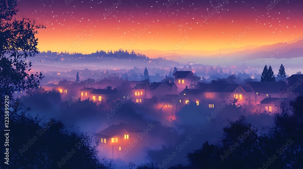 Obraz premium Misty valley town at dawn, picturesque houses lit with warm light, perfect for wallpaper or background