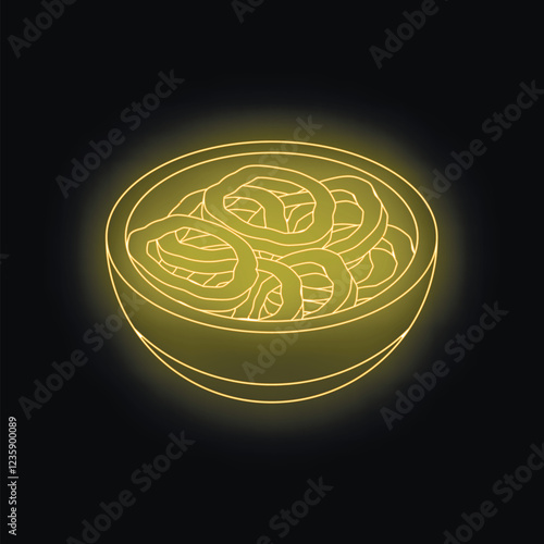 Glowing neon yellow udon noodles served in bowl, creating a vibrant contrast against a dark background