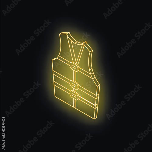 Gold wireframe life vest glowing on dark background, creating a modern and stylish isometric projection