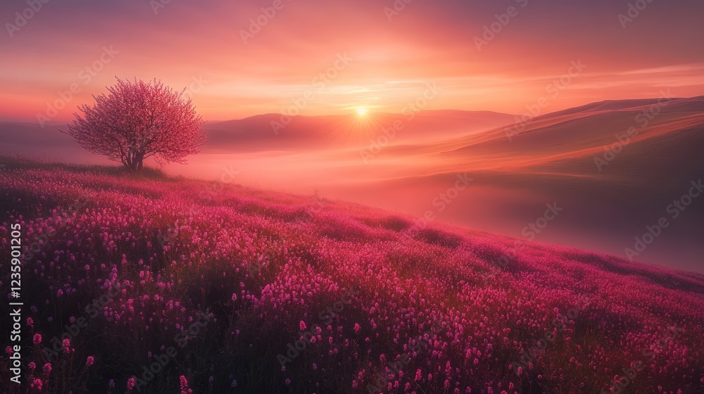 Sunrise over misty mountain valley, single tree in pink flower field; idyllic landscape Sunrise over misty mountain valley, single tree in pink flower field; idyllic landscape