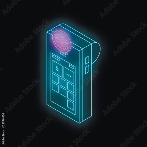 Glowing neon pos terminal displaying crossed circle symbol, suggesting declined transaction or service disruption