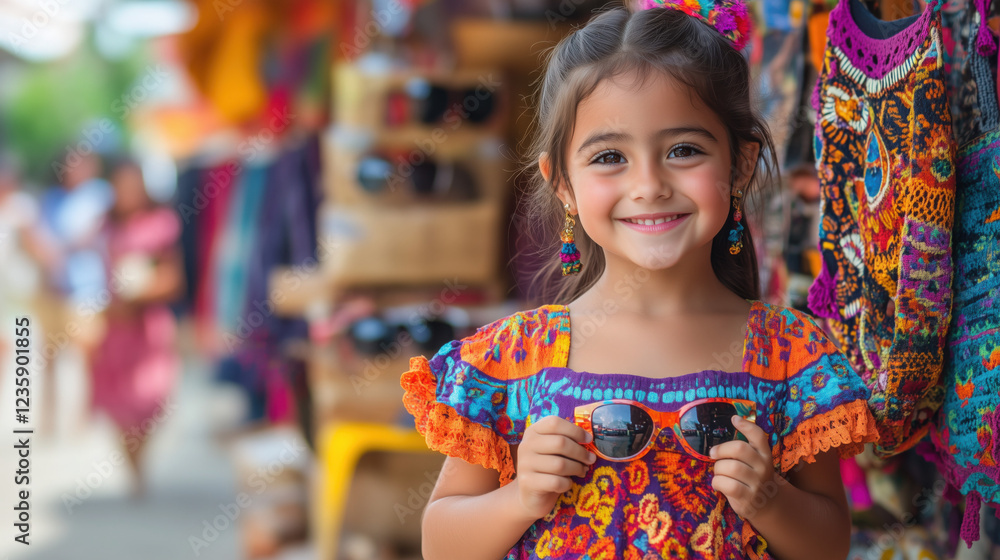 Fototapeta premium A little girl in a colorful dress, smiling as she holds a new pair of sunglasses, standing near a vibrant market.