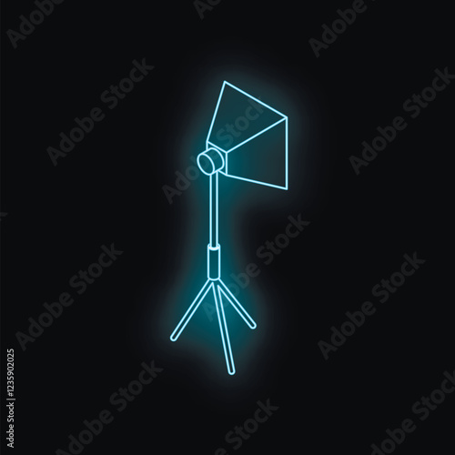 Neon light showing a studio softbox on a tripod, creating a glowing effect against a dark background, perfect for photography or lighting concepts