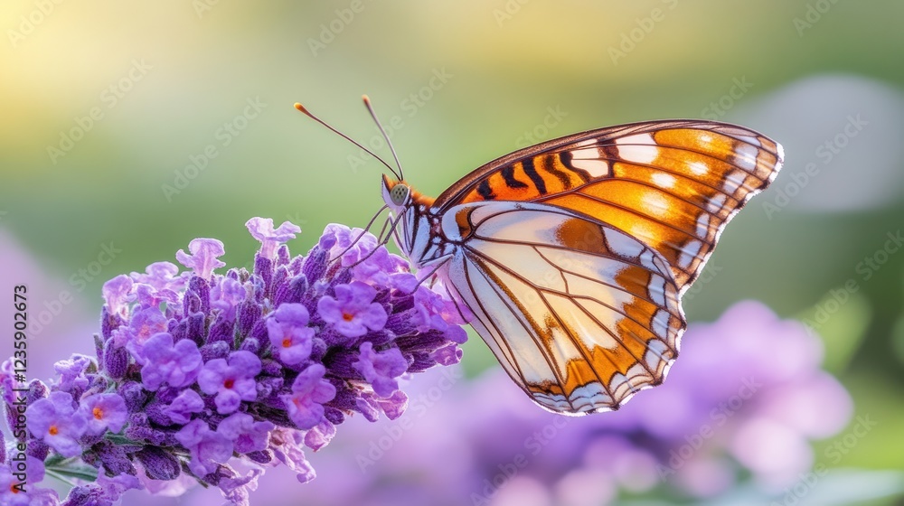 Obraz premium Butterfly feeding lavender, garden, sunlight, nature, floral design