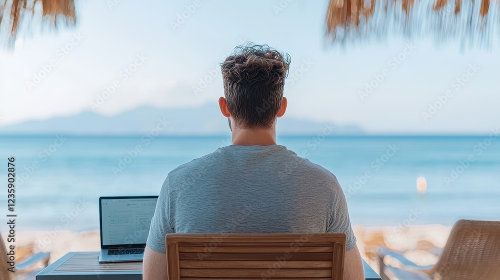 Fototapeta premium A person works on a laptop at a beachside location, overlooking the ocean, embodying a relaxed, remote working lifestyle.