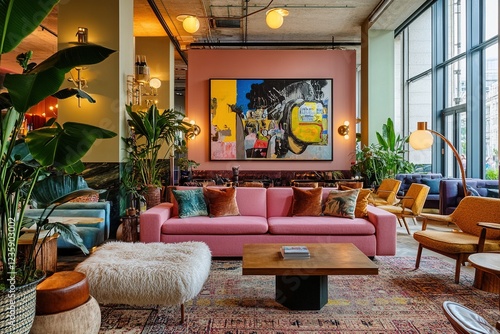 A colorful relaxation corner decorated with pastel pink sofas