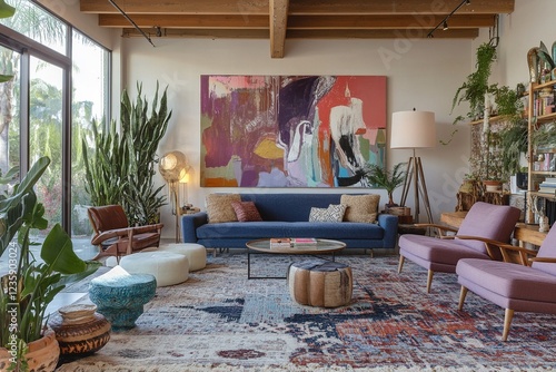 A colorful relaxation corner decorated with pastel blue sofas.
