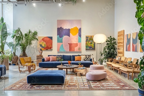 A colorful relaxation corner decorated with pastel-colored sofas.