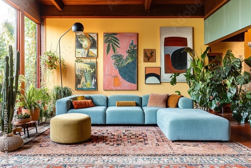 A colorful relaxation corner decorated with pastel blue sofas.