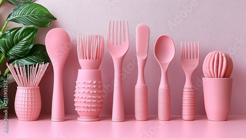 Pink silicone kitchen utensils on pink background photo