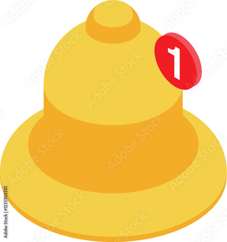 Yellow notification bell showing one new message isometric icon