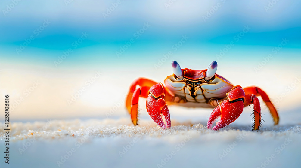 Vibrant Close-Up of a Small Crab on a Sandy Beach in a Tropical Coastal Ecosystem