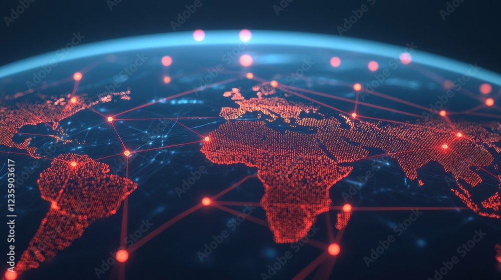 Fototapeta premium A digital globe visualization with red connectivity lines and points, showcasing a networked world map emphasizing technology and data.
