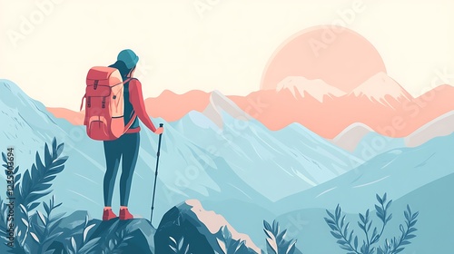 Woman hiking in mountains at sunrise photo