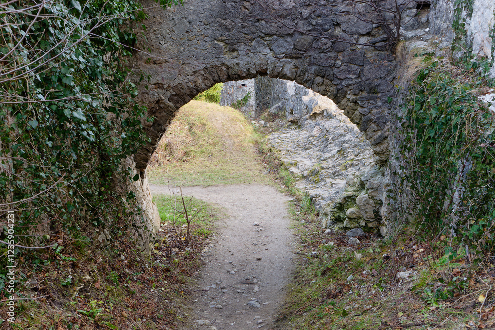 Fototapeta premium View of the stone walls and arch doors of a medieval Samobor Castle on the hill Tepec in the town of Samobor, Croatia