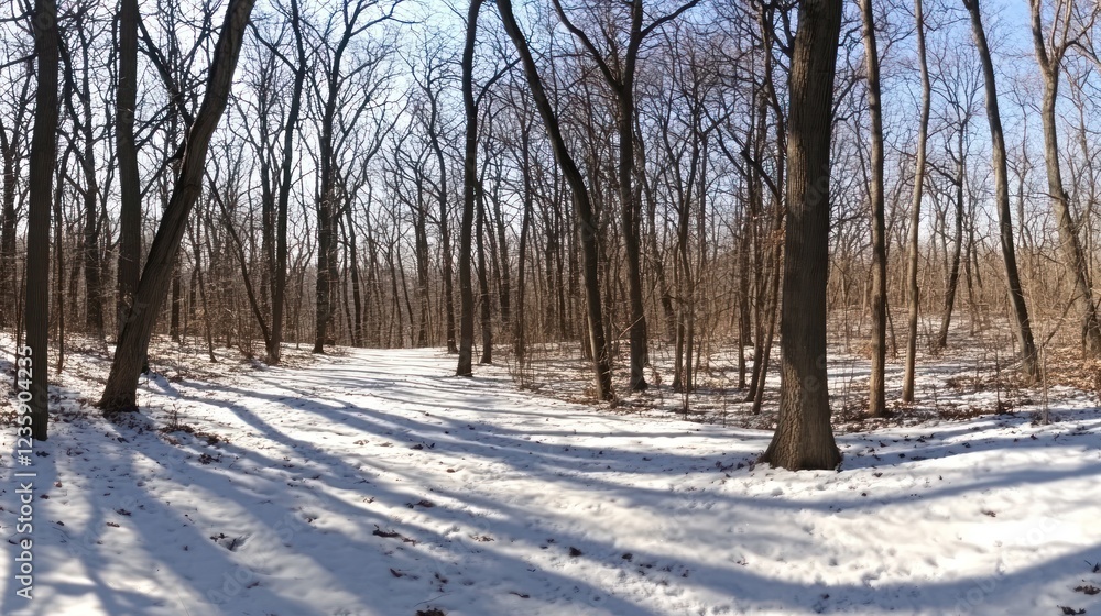 Fototapeta premium Snowy path through a winter forest of bare trees