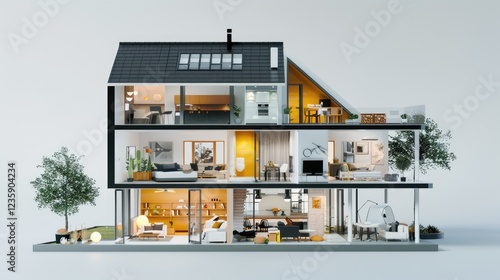 Modern House Cutaway with Multiple Rooms