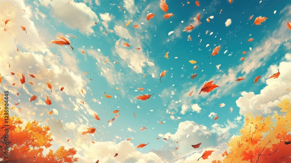 A serene autumn scene with falling leaves against a bright blue sky and fluffy clouds. A serene autumn scene with falling leaves against a bright blue sky and fluffy clouds.