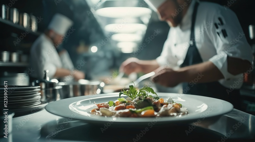 Chefs Preparing Gourmet Dish in Kitchen Chefs Preparing Gourmet Dish in Kitchen
