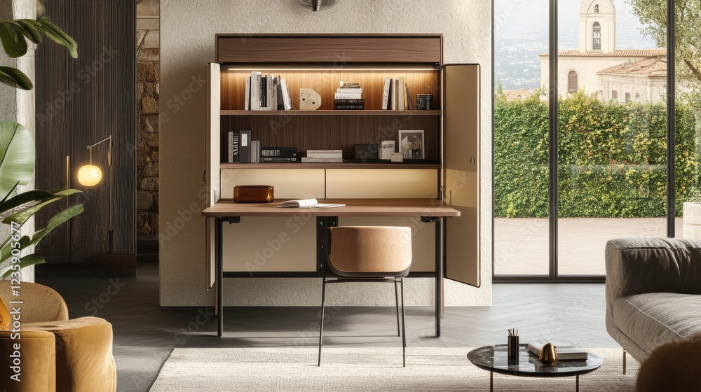 custom made wallpaper toronto digitalA foldable home office desk integrated into a minimalist living room cabinet.