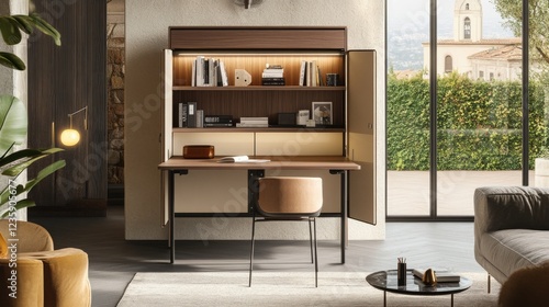 Wallpaper Mural A foldable home office desk integrated into a minimalist living room cabinet. Torontodigital.ca