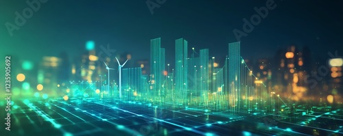 A professional business report cover showcasing ESG metrics, renewable energy themes with solar panels and wind turbines, and a dynamic blend of green and blue gradients