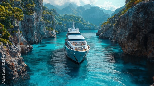 Luxurious yacht navigating through serene turquoise waters flanked by majestic cliffs and lush green trees in a coastal paradise