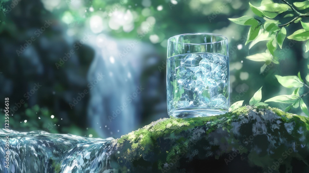 Iced water glass, waterfall backdrop, forest setting, refreshing drink Iced water glass, waterfall backdrop, forest setting, refreshing drink