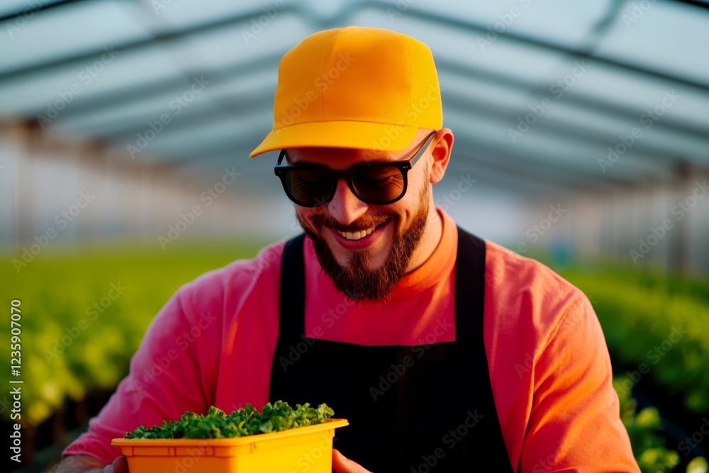 Smiling man in a yellow cap harvesting fresh greens in a greenhouse during daylight hours Smiling man in a yellow cap harvesting fresh greens in a greenhouse during daylight hours
