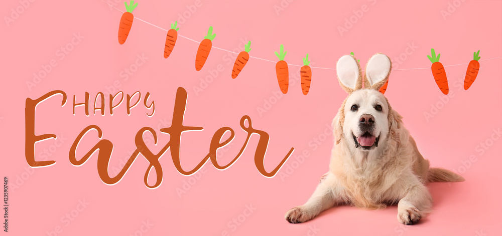 Cute Labrador dog in bunny ears and paper carrots on pink background. Easter celebration Cute Labrador dog in bunny ears and paper carrots on pink background. Easter celebration