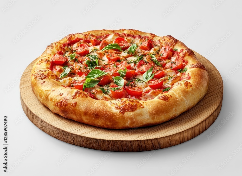 Delicious Tomato Basil Pizza on Wooden Board Delicious Tomato Basil Pizza on Wooden Board