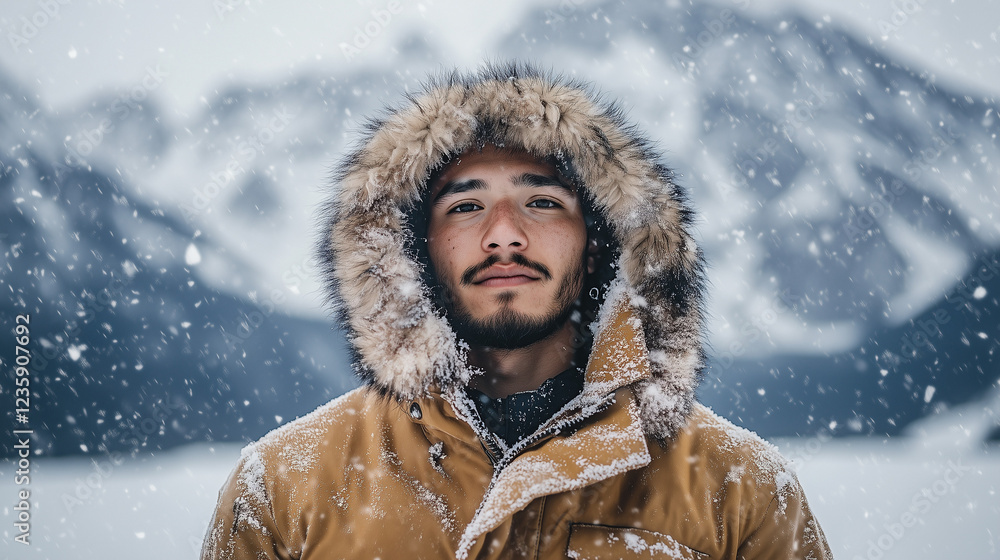 Fototapeta premium An Alaskan tribal member wearing a thick fur parka with natural fur trimmings around the collar and hood, Ai generated images
