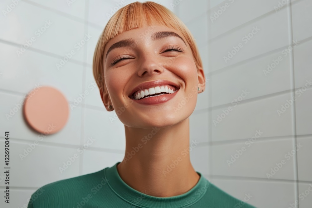 Smiling young woman with short blonde hair in casual attire enjoying her time indoors against a light tiled background Smiling young woman with short blonde hair in casual attire enjoying her time indoors against a light tiled background