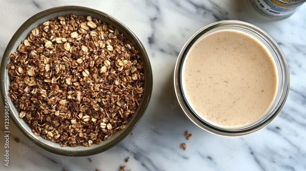 A glass of unsweetened almond milk next to a bowl of granola with no added sugar. A glass of unsweetened almond milk next to a bowl of granola with no added sugar.