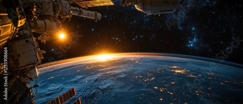 Fototapeta Naklejka Na Ścianę i Meble -  Spacewalk event at international space station stunning sunset over earth astronomical view