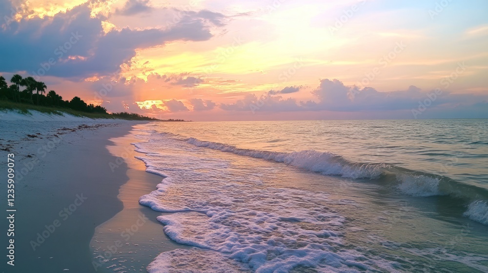 Fototapeta premium A serene beach at sunset with gentle waves and colorful clouds.