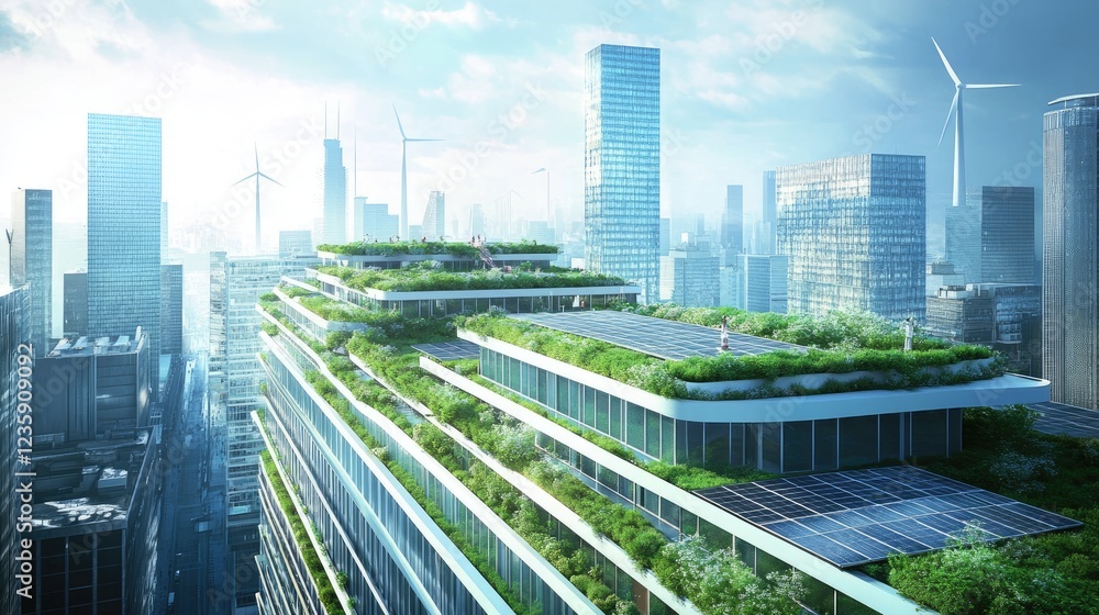 Fototapeta premium A green building's rooftop covered in wind turbines and photovoltaic panels.