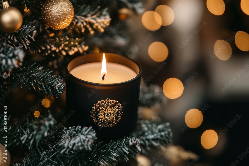 Luxury Black Candle Burning on Christmas Tree Luxury Black Candle Burning on Christmas Tree