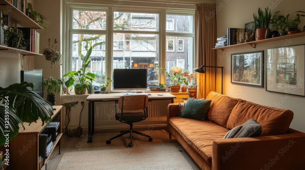 Fototapeta premium A hideaway home office with a retractable desk in a Scandinavian-style living room.